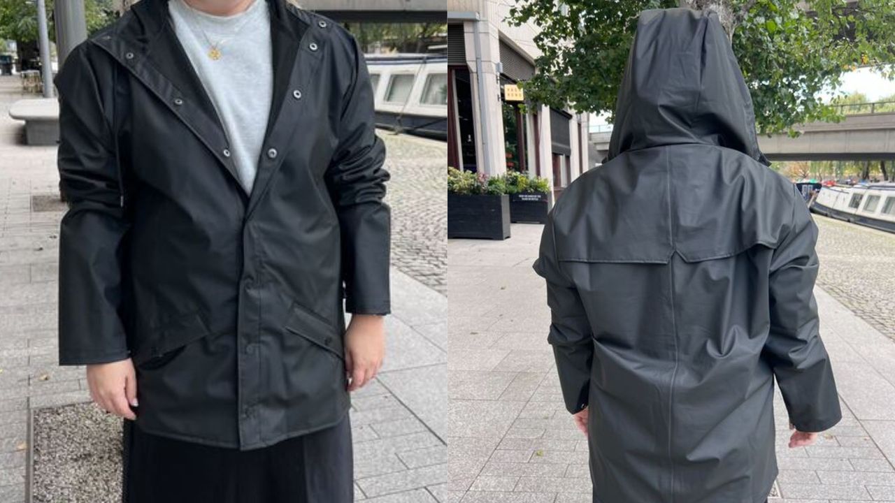 Composite image of a woman wearing the Rains waterproof jacket in black, front and rear view