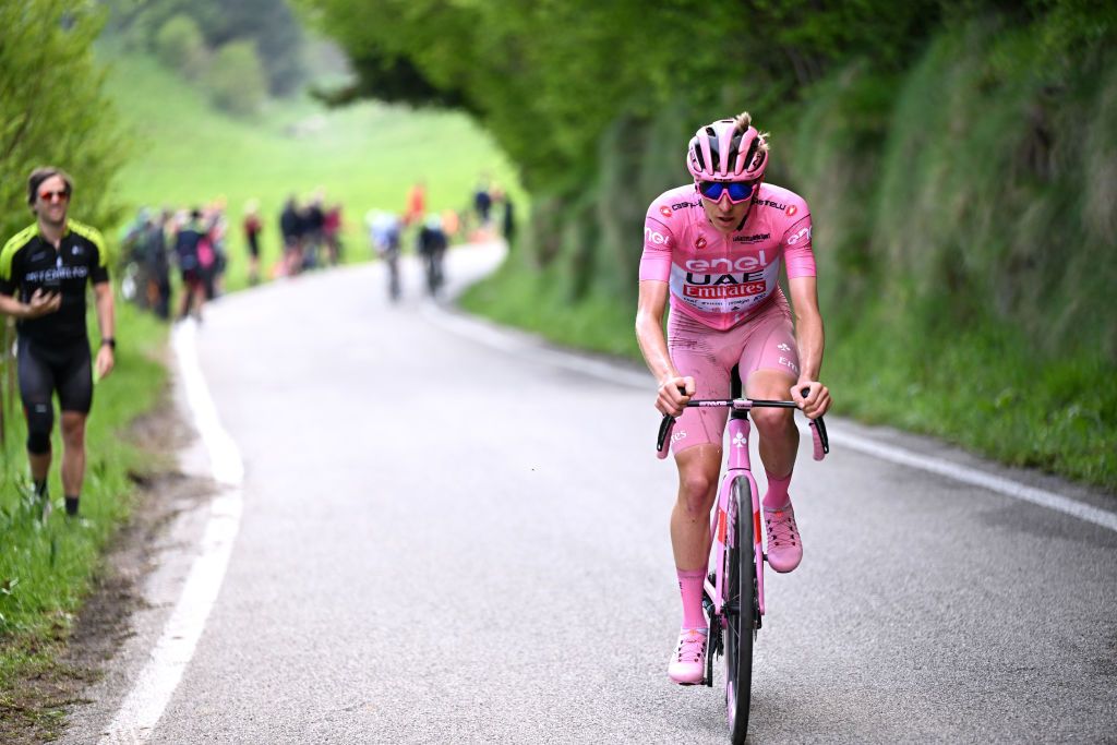 BASSANO DEL GRAPPA ITALY MAY 25 Tadej Pogacar of Slovenia and UAE Team Emirates Pink Leader Jersey competes in the breakaway during the 107th Giro dItalia 2024 Stage 20 a 184km stage from Alpago to Bassano del Grappa UCIWT on May 25 2024 in Bassano del Grappa Italy Photo by Tim de WaeleGetty Images