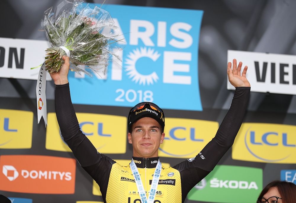 Dylan Groenewegen on the Paris-Nice podium after winning stage 2