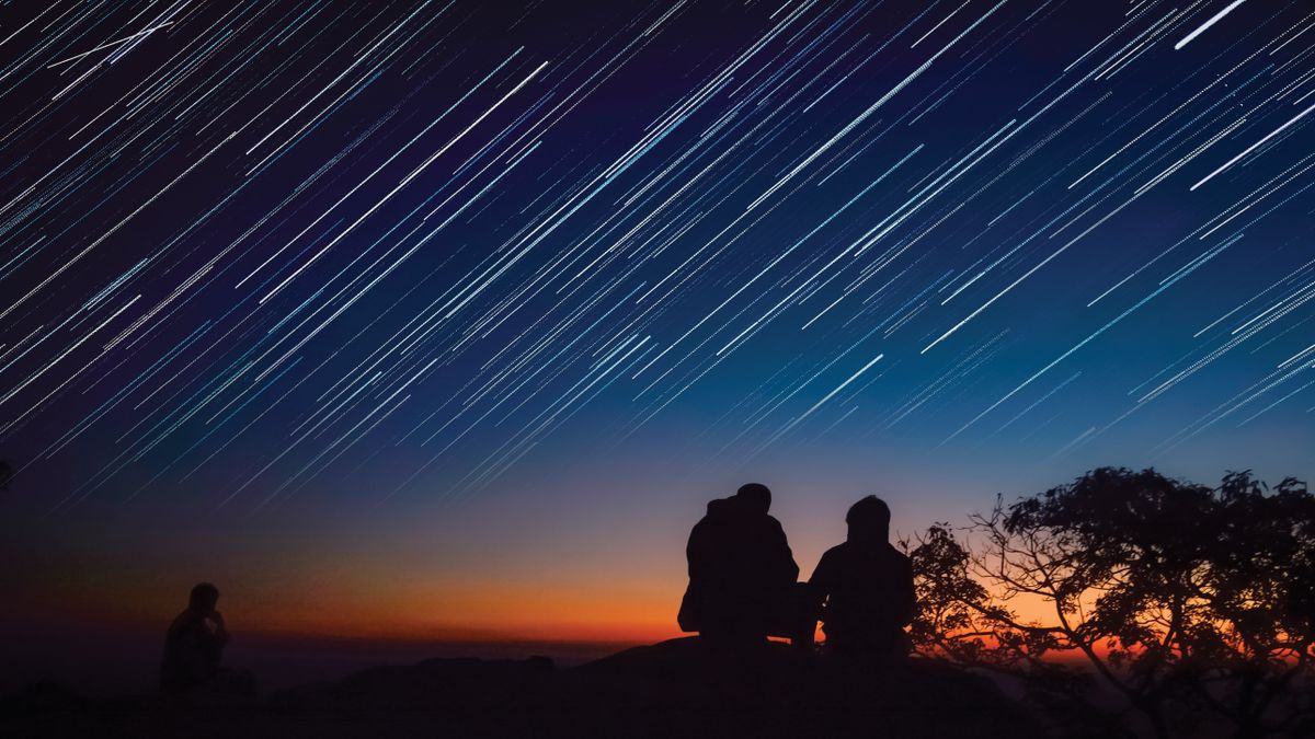 In this shot, meteors streak across the sky during an annual meteor shower