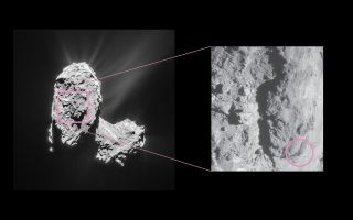On Feb. 19, 2016, Rosetta’s instruments detected an outburst event from Comet 67P/Churyumov–Gerasimenko. The source was traced back to a location in the Atum region, on the comet’s large lobe, as indicated in this image.