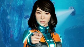 A Subnautica 2 player character points at the camera