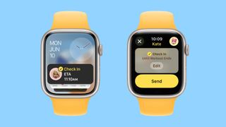 Two Apple Watch models side by side, showing the Check In feature in watchOS 11.