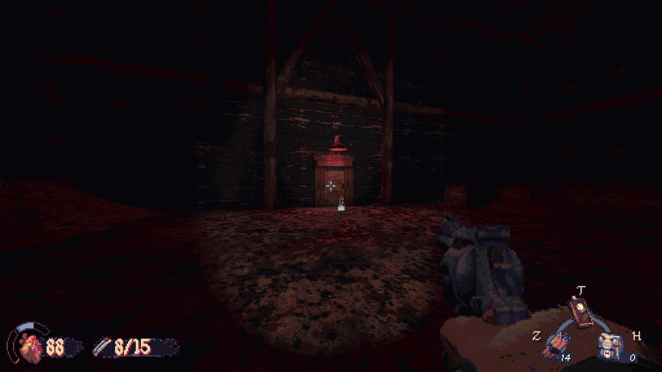 Cultic view of dark doorway lit by single red light