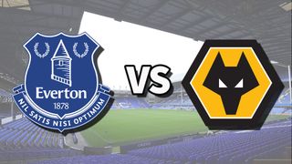The Everton and Wolverhampton Wanderers club badges on top of a photo of Goodison Park stadium in Liverpool, England