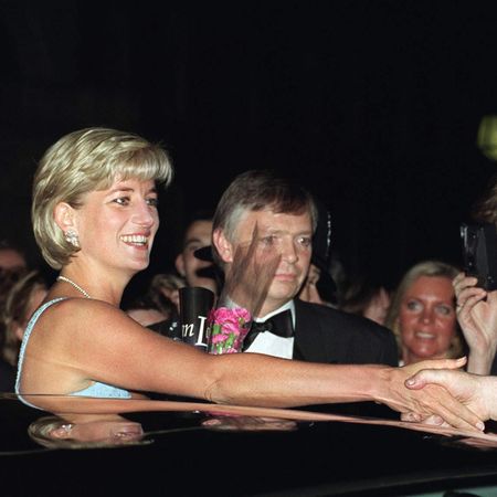 Princess Diana shaking hands with a fan as others take photos of her