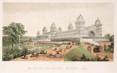 Coloured lithograph showing the design for the first palace built at Muswell Hill, Alexandra Palace. The original structure burnt down 16 days after opening and a second Alexandra Palace opened two years later on 1 May 1875. Photo by SSPL/Getty Images