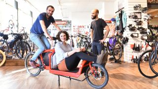 Electric cargo bike in cycling shop