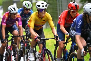 SCHMALKALDEN GERMANY JUNE 30 LR Ruth Edwards of The United States and Team Human Powered Health Yellow Leder Jersey and Shirin Van Anrooij of The Netherlands and Team LidlTrek Red best young jersey compete during the 36th Internationale LOTTO Thringen Ladies Tour 2024 Stage 6 a 1054km stage from Schmalkalden to Schmalkalden on June 30 2024 in Schmalkalden Germany Photo by Luc ClaessenGetty Images