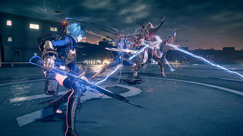 A screenshot from astral chain, showing a player character directing their Legion to attack an enemy