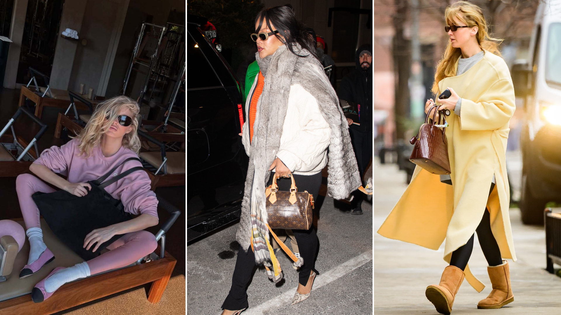 collage of celebrities wearing the spring 2026 leggings trend