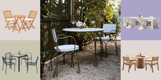 Image of a bistro set in a garden with four different style outdoor dining tables in small product boxes around it.