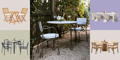Image of a bistro set in a garden with four different style outdoor dining tables in small product boxes around it.