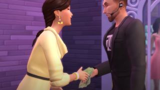 A woman bribes a doorman with money in The Sims 4