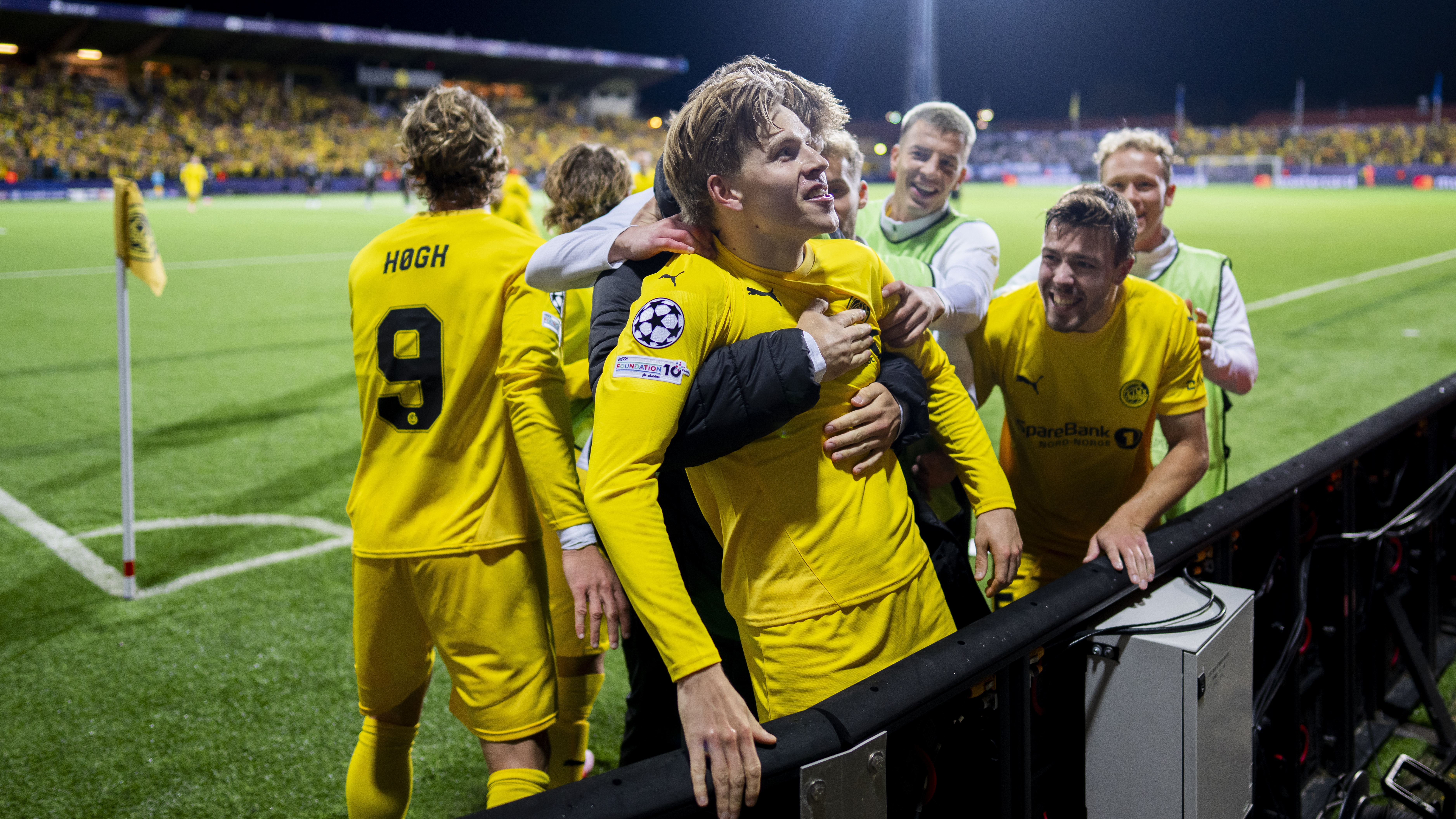 Jens Petter Hauge of FK Bodo/Glimt celebrates his second goal during the UEFA Champions League 2025/26 League Phase MD2 match between FK Bodo/Glimt and Tottenham Hotspur at Aspmyra Stadion on September 30, 2025 in Bodo, Norway