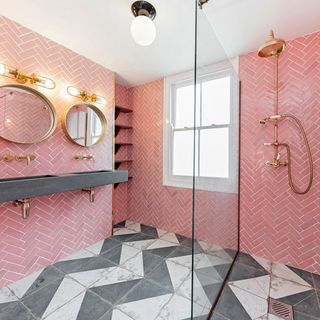 bathroom with pink colour and mirror