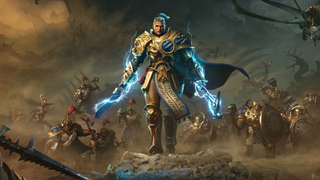 A Stormcast Eternal with battle raging around them in Warhammer Age of Sigmar: Realms of Ruin.