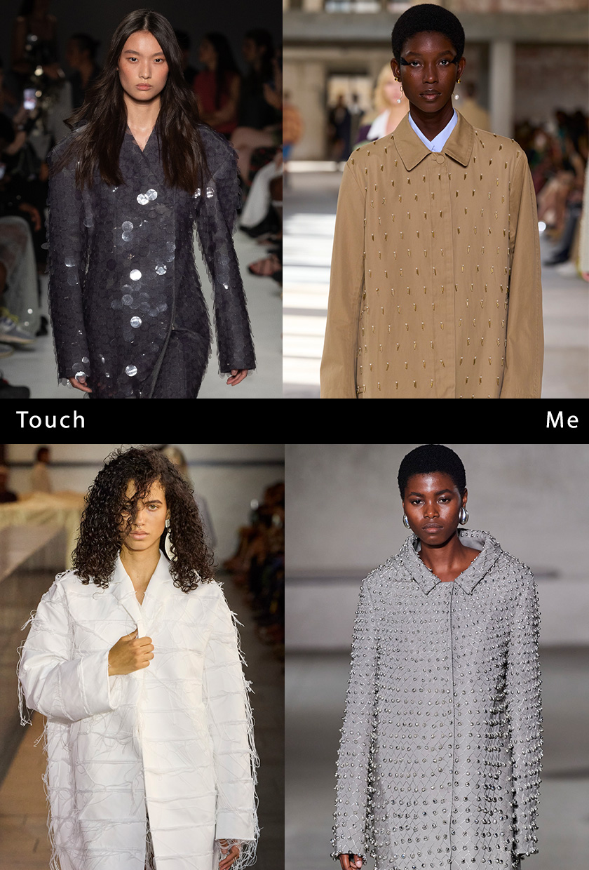 a collage of models on the runway wearing the spring trend: textured jackets