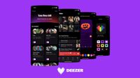 Four phones arranged in a row showing elements of Deezer's Flow Tuner feature on their screens, with a purple background.