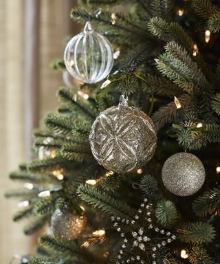 Detail shot of ornaments on a Christmas tree