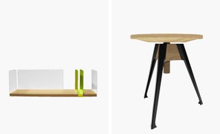 LEFT: legless portable office table with green and white details, photographed against a white background; RIGHT: Wooden adjustable stool with 3 black legs, hotographed against a white background