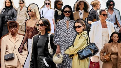 a collage of street style images showing some of the most popular vintage designer handbags