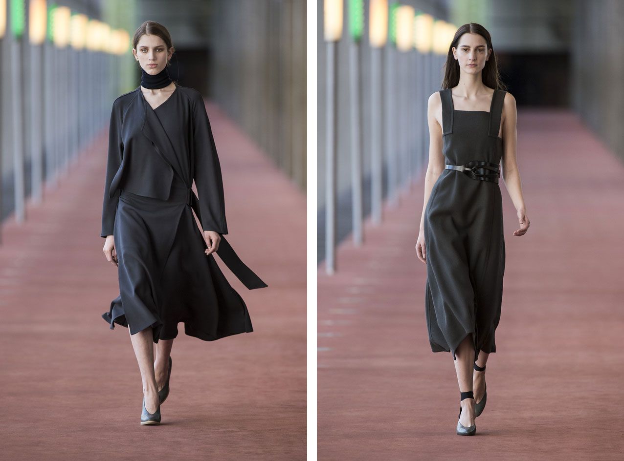 2 individual images with Female models on the runway of Lemaire A/W 2015 Womens fashion show