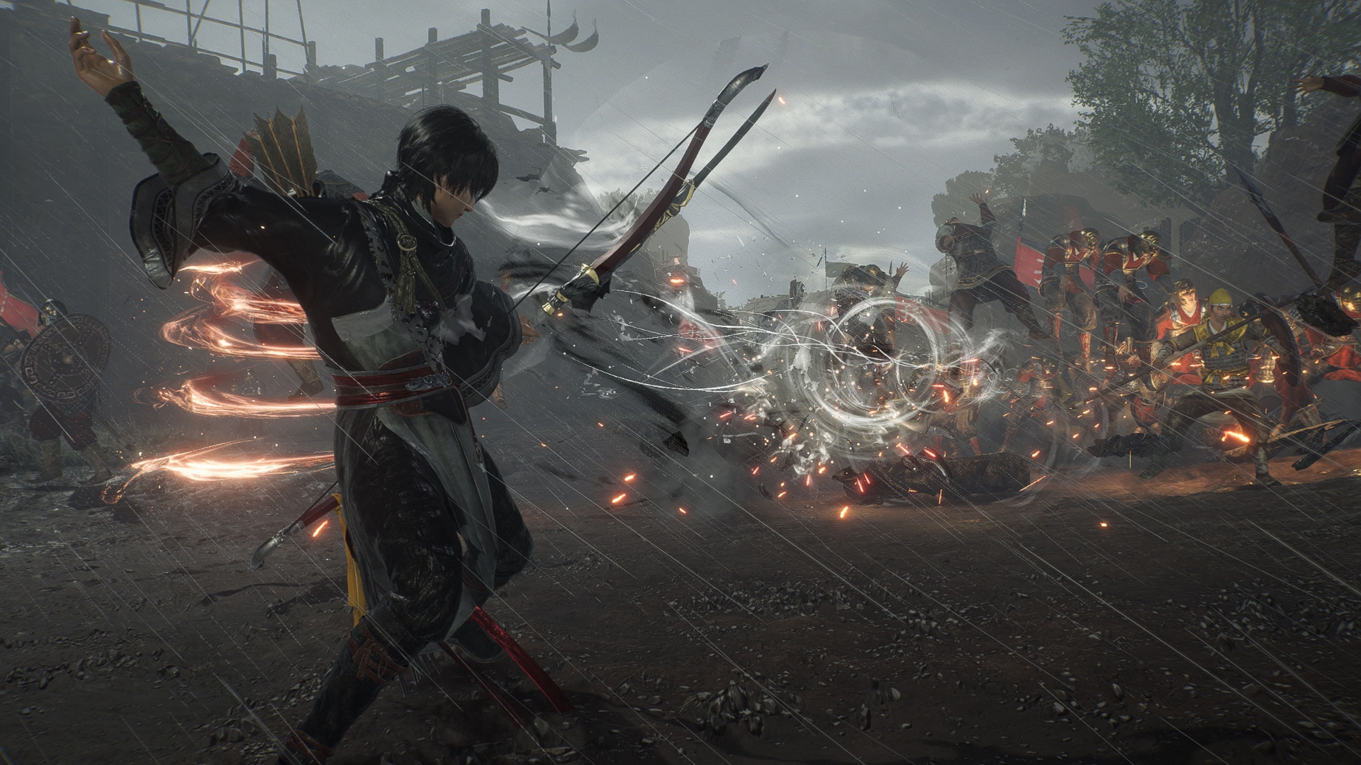 Protagonist Ziluan wields the new Bow weapon type against enemy officers in Dynasty Warriors Origins.