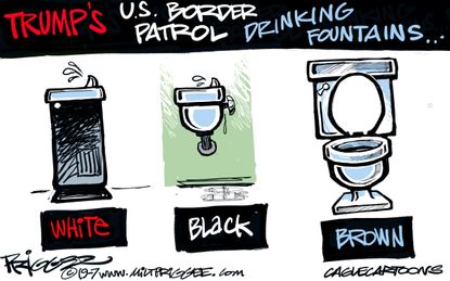 Political Cartoon U.S. Drinking Fountains Racism Toilets Migrant Camps