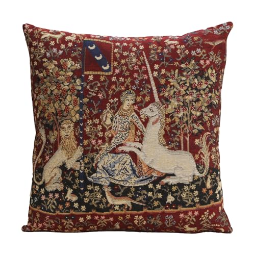 Charlotte Home Furnishings Inc Throw Pillow Covers 16x16 In, Lady &amp;amp; Unicorn Red Jacquard Decorative Cushion Cover, Belgian Medieval Tapestry Bed Room Home Decor Sofa Cushion Cases, Soft Cotton