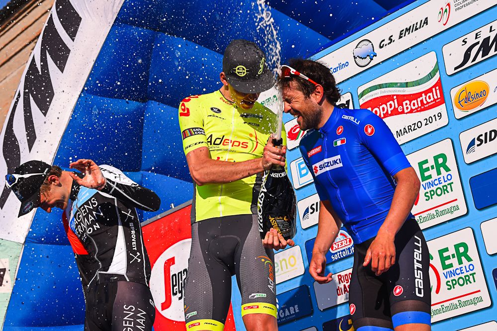 Bjerg, Robeet and Mosca celebrate on the Coppi e Bartali podium
