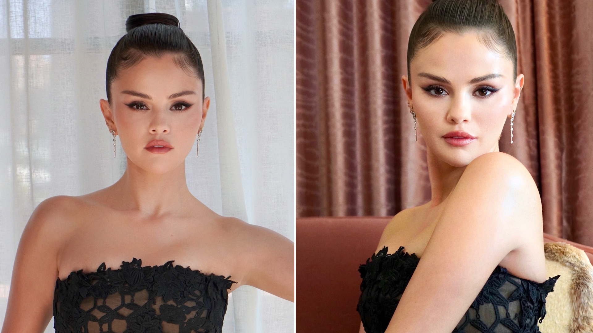 Selena Gomez poses in a strapless black dress with a subtly nude design featuring sheer panels with her hair worn in a high bun