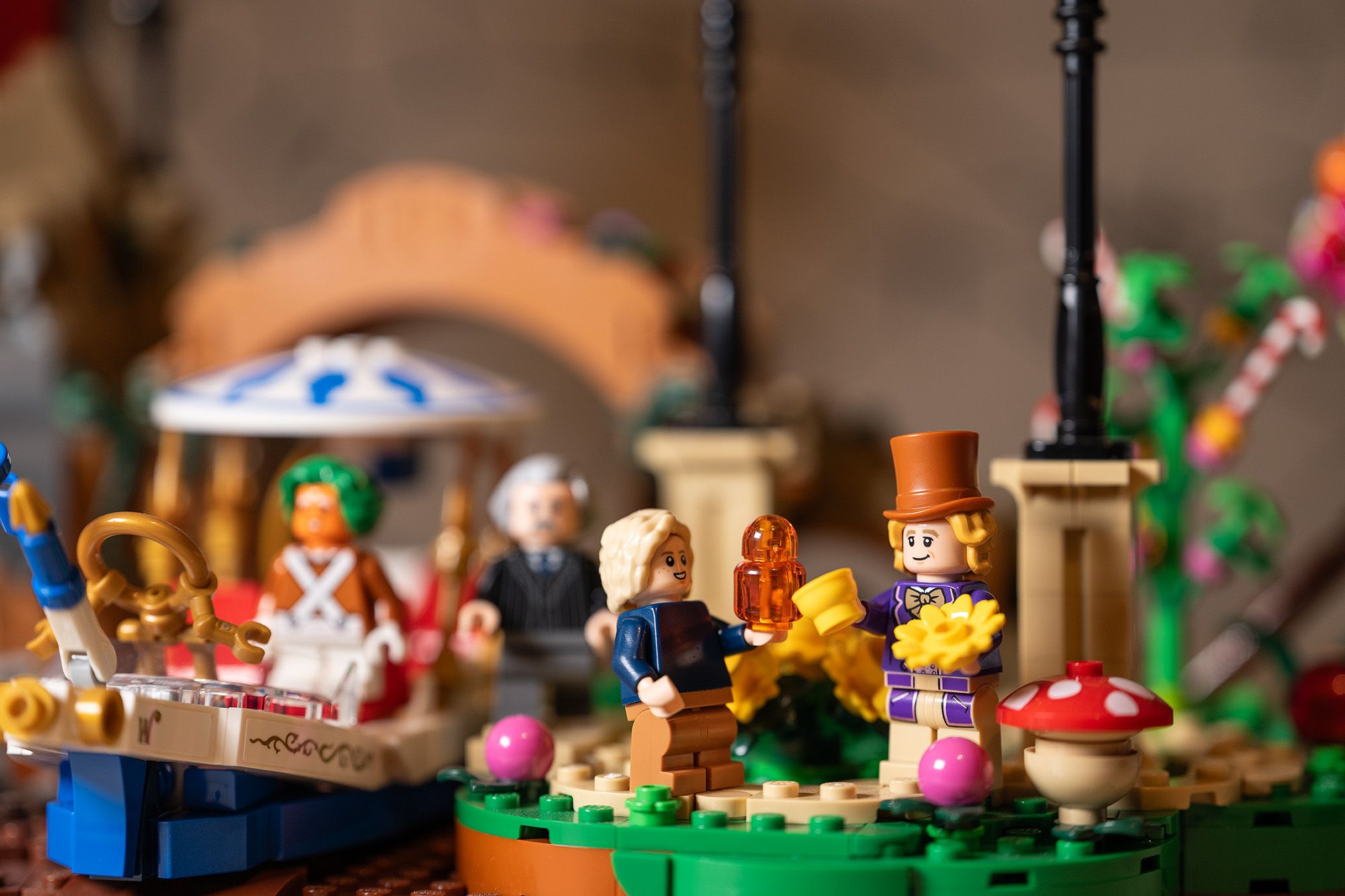 Colorful Lego Willy Wonka set with three characters 
