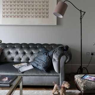 Grey living room with a magazine on a grey sofa