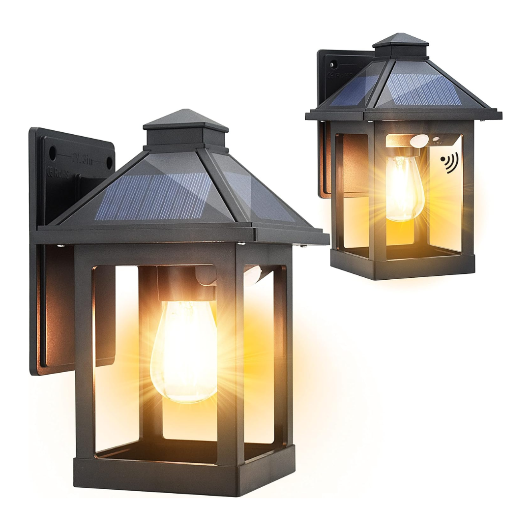 Cyhkee 2 Pack Solar Wall Lanterns Outdoor With 3 Modes, Dusk to Dawn Motion Sensor Led Sconce Lights Ip65 Waterproof, Exterior Front Porch Security Lamps Wall Mount Patio Fence Garage Decorative