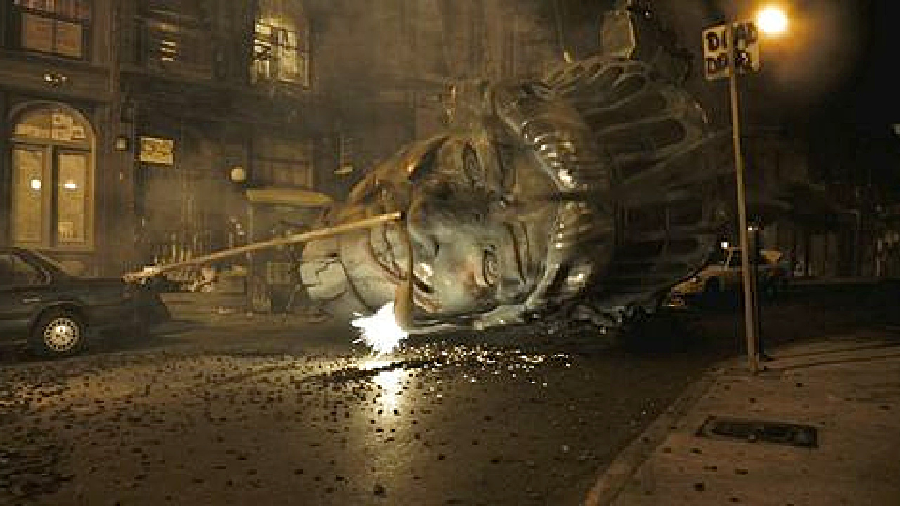 An image of the head of the Statue of Liberty in the streets of NYC.