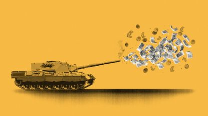 Illustration of a tank firing a burst of British banknotes and coins