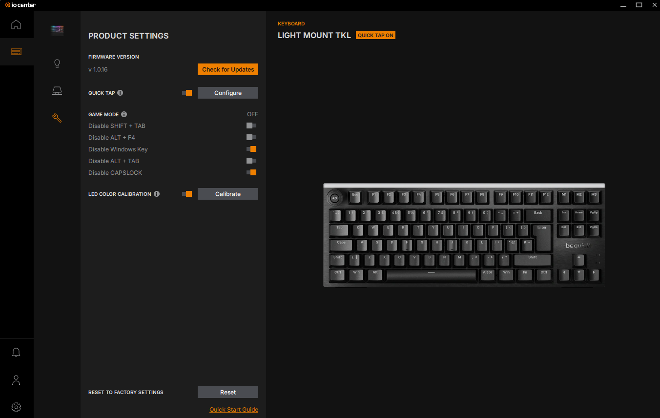 Various settings menus within Be Quiet's IO Center software.