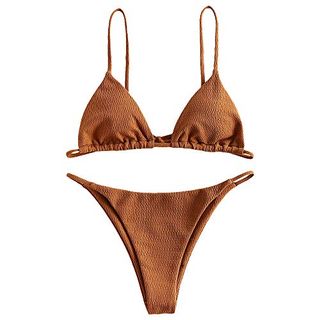 Zaful Womens Textured Tie String Bikini Swimwear Triangle Smocked Swimsuits Two Piece Set Coffee