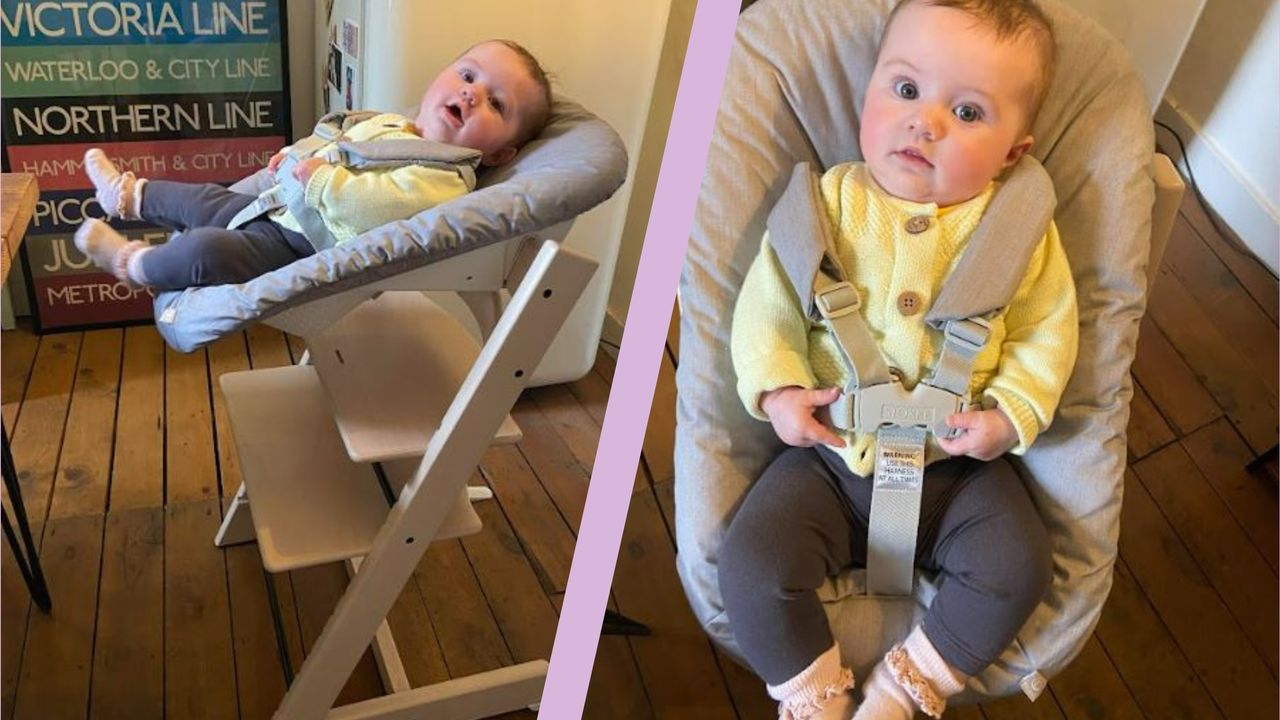 Two images of our tester&#039;s daugter, Freddie, sitting in the Stokke Tripp Trapp highchair 