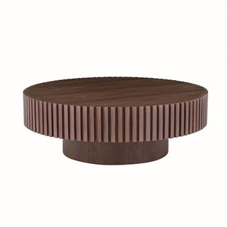 39.37'' Round Coffee Table Wood End Table for Living Room, Modern Contemporary Circle Fluted Drum Side Table, Full Assembly for Apartment Bedroom - ø39.37'' X 13.42''h Walnut