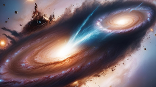 An illustration shows a large galaxy ripping a smaller galaxy apart by dragging stars away from it
