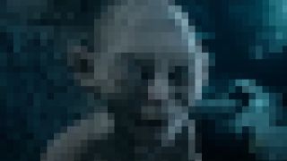 Gollum smiles in the night in The Lord of the Rings: The Two Towers, pixelated.