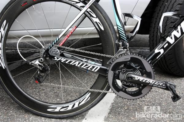 Levi Leipheimer's (Omega Pharma-QuickStep) lightweight drivetrain includes Specialized's FACT carbon crankarms, a Quarq power measuring spider, a SRAM PG-1070 cassette, and derailleurs and chain from SRAM's new Red group.