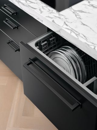 a fisher and paykel dish drawer in a black and white kitchen