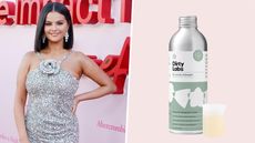 a side by side of selena gomez in a silver dress at a rare beauty event next to a bottle of dirty labs laundry detergent on a pink background
