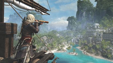 In Assassin's Creed 4: Black Flag, protagonist ship captain Edward Kenway scopes out the view from his ship using a spyglass to look out over the Caribbean ocean