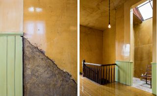 The photo on the left shows a detail of the walls. They're painted strong orange, and we see a crack from the earthquake. The photo to the right shows us the mezzanine. We see a dark wood railing, orange walls, and a ceiling with a min green paneling at the bottom.