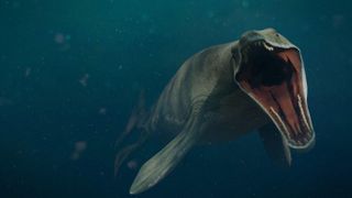 An image reconstruction of a Mosasaurus swimming with its mouth open.