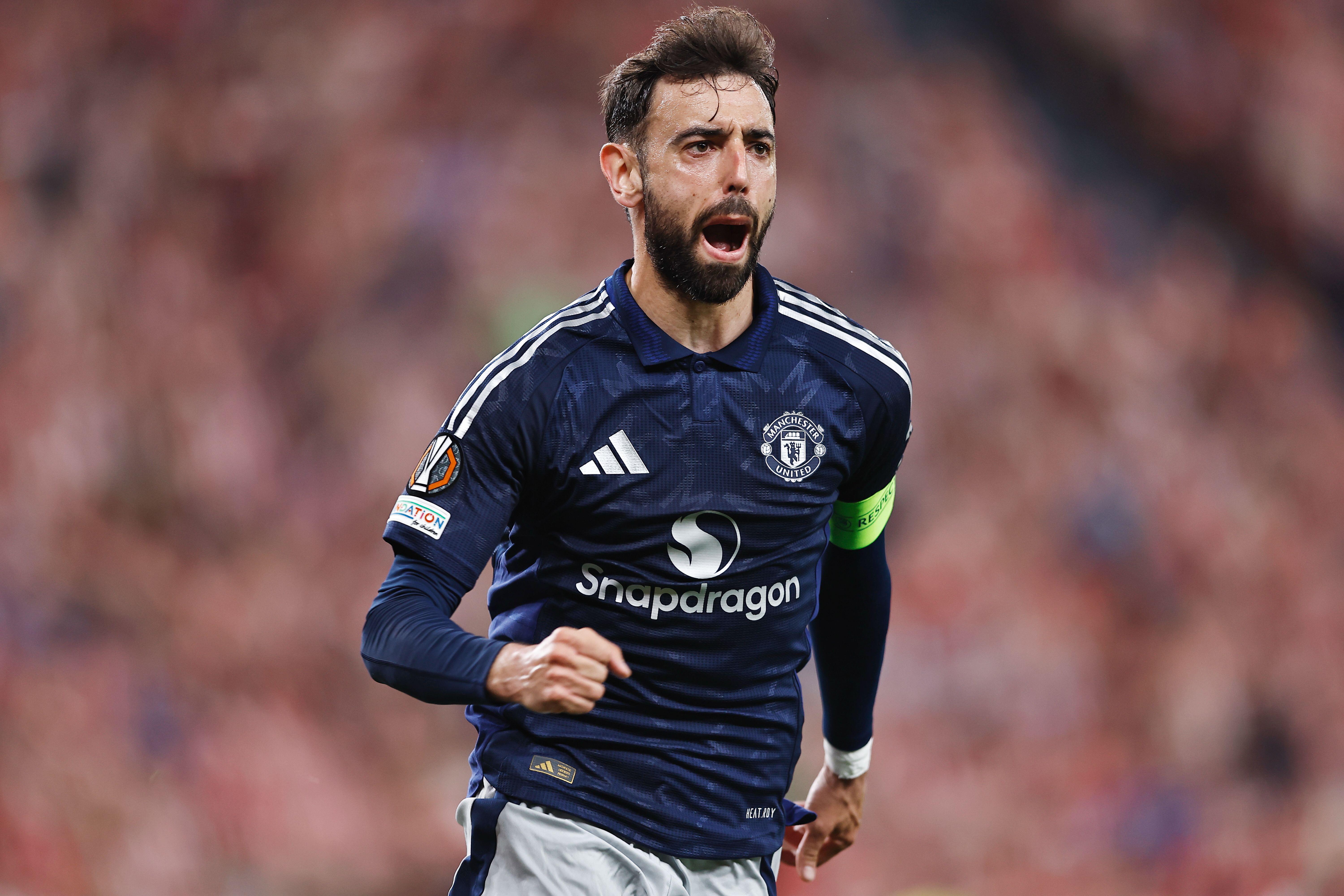 Bruno Fernandes celebrates after scoring for Manchester United against Athletic Bilbao in the Europa League semi-finals, May 2025.